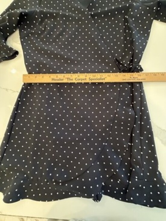 LOFT Black/White Polka Dot Wait Tie Faux Wrap 3/4 Sleeve Mini Skater Dress, Sz 8 - Picture 9 of 16